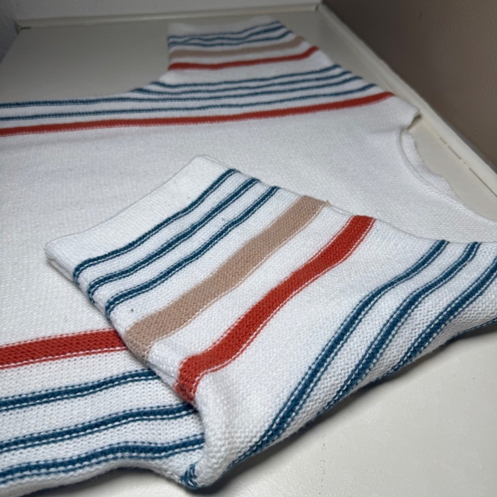 80's Core Womens White Striped Boat Neck Sweater 3/4 Sleeve Casual Knit Top - Picture 4 of 9
